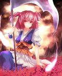  breasts cloud coin flower hair_bobbles hair_ornament highres hitodama looking_at_viewer mountain onozuka_komachi pink_hair red_eyes sash scythe short_hair short_sleeves skirt smile solo spider_lily touhou twintails vinashyra wrist_cuffs 