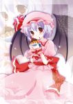 :q bat_wings eating hat lavender_hair red_eyes remilia_scarlet solo tart_(food) tongue touhou white-brown wings wrist_cuffs zoom_layer 