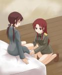  bed blush bow brown_hair closed_eyes commentary eyes_closed gertrud_barkhorn hair_bow kanata_(sentiment) kneeling long_hair minna-dietlinde_wilcke multiple_girls open_mouth red_hair redhead sitting strike_witches 