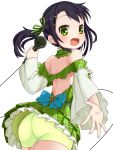  1girl :d ass bike_shorts blush green green_bike_shorts green_eyes hair_ornament hair_ribbon hairclip highres hisho_collection looking_at_viewer looking_back microphone muku-coffee open_mouth outstretched_hand plaid ribbon simple_background smile solo white_background 