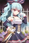  arm_up arm_warmer arm_warmers blue_hair bow bracelet buckle chain chains choker dress fence flower frills gilse gloves jewelry knife linus_falco long_hair low_twintails lowres red_eyes rose scabbard sheath solo strapless_dress striped sword_girls wavy_hair weapon 