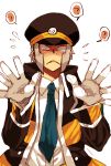  ? arms_up blush d: embarrassed gloves grey_hair hat heart long_sleeves male necktie nobori_(pokemon) open_clothes open_jacket open_mouth peaked_cap pokemon pokemon_(game) pokemon_black_and_white pokemon_bw puddingpudding shirt sideburns simple_background solo sweat white_background white_gloves white_shirt 