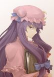  book bow brown_eyes bust crescent hair_bow hat long_hair patchouli_knowledge purple_hair solo touhou yuki_tokito 