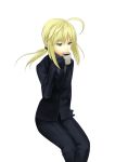  ahoge black_gloves blonde_hair coffee cup drinking fate/stay_night fate/zero fate_(series) formal gloves green_eyes highres long_hair mug necktie pant_suit ponytail saber solo suit wain2 