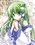  bare_shoulders detached_sleeves fingers_together green_eyes green_hair hair_tubes hat kochiya_sanae long_hair solo touhou white-brown zoom_layer 