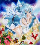  adapted_costume at_classics bare_shoulders blue_eyes blue_hair blush bow christmas cirno elbow_gloves gift gloves hair_bow light_smile marker_(medium) sample short_hair solo touhou traditional_media wings 