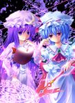  aosora bat_wings blue_hair book chain chains crescent dress frills hair_ribbon hat long_hair magic_circle multiple_girls patchouli_knowledge purple_eyes purple_hair red_eyes remilia_scarlet ribbon spear_the_gungnir the_embodiment_of_scarlet_devil touhou violet_eyes wings 