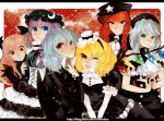  alternate_costume bad_id flandre_scarlet formal hat hong_meiling ichi_boku izayoi_sakuya knife koakuma lace letterboxed lolita_fashion mini_top_hat multiple_girls no_hat no_headwear pant_suit patchouli_knowledge popped_collar remilia_scarlet suit the_embodiment_of_scarlet_devil throwing_knife top_hat touhou weapon wings wink 