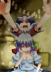  ^_^ blue_dress blue_hair breasts chin_rest cleavage closed_eyes dress eyes_closed flower hair_rings hair_stick hand_on_own_cheek hand_on_own_face highres jiangshi kaku_seiga miyako_yoshika multiple_girls no_hat no_headwear ofuda open_mouth outstretched_arms short_hair smile takorice touhou vest zombie_pose 