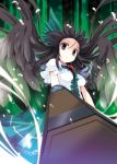  arm_cannon black_hair black_wings bow brown_hair cape forehead foreshortening fujy hair_bow large_wings red_eyes reiuji_utsuho shirt skirt solo third_eye touhou weapon wind wings 