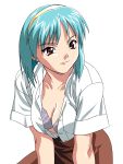  aqua_hair artist_request bra breasts copyright_request hairband highres light_smile lingerie open_clothes open_shirt red_eyes shirt simple_background solo underwear 