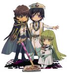  1girl 2boys :q aoki_(fumomo) black_hair boots brown_hair c.c. cape code_geass eating food food_in_mouth gloves green_eyes green_hair hat kururugi_suzaku leg_hug lelouch_lamperouge long_hair multiple_boys outstretched_arm outstretched_hand pizza short_hair sitting sword thigh-highs thigh_boots tongue violet_eyes weapon yellow_eyes 