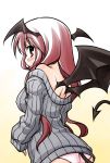  akou_roushi alternate_costume bare_shoulders bat_wings blush breasts demon_tail from_behind head_wings jpeg_artifacts koakuma long_hair no_pants off_shoulder panties purple_eyes purple_hair red_eyes red_hair ribbed_sweater solo sweater tail the_embodiment_of_scarlet_devil touhou underwear violet_eyes wings 