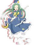  blush bowtie capelet closed_eyes crescent ghost ghost_tail green_hair hat long_hair mima open_mouth rorikon_(youkon) simple_background smile solo staff star sun_(symbol) touhou touhou_(pc-98) wizard_hat 