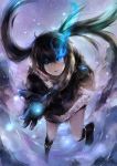  black_hair black_rock_shooter black_rock_shooter_(character) blue_eyes boots coat fur_trim glowing glowing_eyes koumakan-maid long_hair outstretched_arm shorts solo twintails 