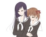  brown_hair closed_eyes eyes_closed fukuzawa_yumi kanata_(sentiment) long_hair maria-sama_ga_miteru multiple_girls ogasawara_sachiko purple_hair school_uniform serafuku short_hair simple_background smile 