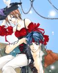  1girl :d bare_shoulders blue_hair brown_hair carrying detached_sleeves feathers hat headband kaito meiko open_mouth pirate pirate_hat short_hair smile tattoo torisugarino traditional_media vocaloid yuki_hazumi 