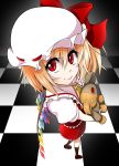  blonde_hair checkered checkered_floor flandre_scarlet hat mary_janes mattari_yufi perspective red_eyes scar shoes skirt smile solo stitches stuffed_animal stuffed_toy the_embodiment_of_scarlet_devil touhou wings 