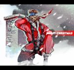  adapted_costume arm_up boots brown_hair chimney christmas coat english gloves hand_on_own_face headband ikuyoan kneeling letterboxed male merry_christmas metal_gear metal_gear_solid official_style pants raised_arm santa_costume snowing solid_snake solo 