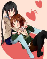  black_hair black_legwear blue_legwear blush brown_eyes brown_hair cardigan double_v female heart highres hirasawa_yui k-on! k-on!_movie long_hair multiple_girls nakano_azusa pantyhose sailor_collar short_hair tabbo tachi_(gutsutoma) twintails v yuri 