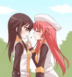  blush brown_hair closed_eyes copyright_request eyes_closed finger_to_mouth hat heart kanata_(sentiment) long_hair multiple_girls red_hair redhead smile yuri 
