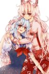  2girls bangs blue_dress blue_hair bow cuddling dress frilled_sleeves fujiwara_no_mokou hair_bow hand_holding happy holding_hands hug kamishirasawa_keine long_hair long_sleeves multiple_girls no_hat no_headwear pants puffy_sleeves red_eyes short_sleeves smile touching touhou white_hair 