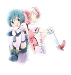  back-to-back blue_eyes blue_hair bow bubble_skirt cape closed_eyes eyes_closed gloves hair_bow highres kaname_madoka magical_girl mahou_shoujo_madoka_magica miki_sayaka multiple_girls oomuro open_mouth pink_hair short_hair short_twintails sitting smile thigh-highs thighhighs twintails white_legwear zettai_ryouiki 