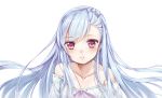  anz_(starry) bare_shoulders benya benya_(tales_weaver) blue_hair blush bust children_of_the_rune close collarbone dress flat_chest hair_ornament hairclip long_hair red_eyes simple_background solo tales_weaver talesweaver violet_eyes white white_background 