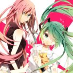  bad_id drink green_eyes green_hair hair_over_one_eye hatsune_miku long_hair looking_back megurine_luka mouth_hold multiple_girls pointing red_hair redhead straw tatsumi3 twintails very_long_hair vocaloid 