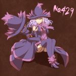  1girl grey_hair hat hat_tip high_heels kuromiya mismagius moemon personification pokemon pokemon_(creature) shoes sitting solo thigh-highs thighhighs wavy_hair white_hair witch_hat yellow_eyes 