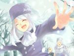  age_difference blonde_hair closed_eyes coat eyes_closed fate/stay_night fate/zero fate_(series) forest formal hat illyasviel_von_einzbern irisviel_von_einzbern ita-ita-san long_hair mother_and_daughter nature red_eyes running saber scarf snow snowing suit white_hair 