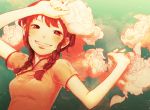  arms_up braid brown_eyes brown_hair bubble chinese_clothes cloud flower grin happy looking_at_viewer nishio original queue red short_sleeves sky smile solo surreal twin_braids underwater water 