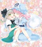  blush bobby_socks breasts closed_eyes eyes_closed footwear ghost green_eyes hair_ribbon hairband japanese_clothes ko_ru_ri konpaku_youmu konpaku_youmu_(ghost) multiple_girls obi open_mouth pink_hair ribbon saigyouji_yuyuko short_hair silver_hair sitting skirt smile socks touhou triangular_headpiece vest white_legwear yuri 