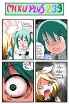  4koma :d blonde_hair blush catstudio_(artist) closed_eyes comic crazy_eyes cup detached_sleeves eyeball eyes_closed hair_ribbon hatsune_miku highres kagamine_rin left-to-right_manga multiple_girls necktie o_o open_mouth ribbon shirt smile sweat thai translated translation_request twintails vocaloid 