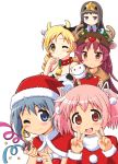  :3 akemi_homura animal_ears bell bell_collar bikini_top black_hair blonde_hair blue_eyes blue_hair blush bow breasts capelet christmas cleavage collar cow_bell cow_ears cow_print creature double_v drill_hair everyone finger_to_mouth frown hair_ribbon hat horns in_container kaname_madoka kyubey long_hair looking_at_viewer mahou_shoujo_madoka_magica miki_sayaka multiple_girls party_popper pink_eyes pink_hair red_eyes red_hair redhead reindeer ribbon sakura_kyouko santa_costume santa_hat short_hair simple_background star tomoe_mami twin_drills twintails v white_background wink yuuki_akira 