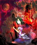  blood blush capelet flower full_moon ghost ghost_tail green_eyes green_hair hat katana knife long_hair mima moon sitting skirt solo sotoba spider_lily sword touhou touhou_(pc-98) triangular_headpiece weapon wings yotakano 