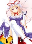  1girl blonde_hair breasts cleavage crossed_legs dress elbow_gloves gloves hat katagiri_chisato legs_crossed long_hair parasol purple_eyes ribbon sitting solo thigh-highs thighhighs touhou umbrella violet_eyes white_gloves white_legwear yakumo_yukari 