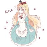  alice_in_wonderland aqua_dress aqua_eyes bad_id blonde_hair blue_eyes dress long_hair simple_background solo star symbol-shaped_pupils 