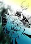  black_wings bowtie capelet crescent dutch_angle greyscale hat long_hair mima monochrome shiroaisa solo staff sun_(symbol) touhou touhou_(pc-98) wings wizard_hat 