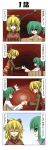  2girls 4koma blonde_hair bow brown_dress bucket comic dress girl_in_bucket green_hair hair_bobbles hair_bow hair_ornament highres in_bucket in_container japanese_clothes kimono kisume kurodani_yamame multiple_girls o_o open_mouth ponytail rapattu red_eyes shirt surprised touhou translated twintails yukata 