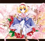  alice_margatroid blonde_hair blue_eyes boots capelet dress dress_lift flower hairband letterboxed ribbon rose solo thigh-highs thighhighs touhou white-brown white_legwear wings 