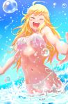  ahoge bare_shoulders bikini blonde_hair breasts closed_eyes eyes_closed happy hoshii_miki idolmaster idolmaster_2 long_hair navel open_mouth pettan_p side-tie_bikini sky solo splash splashing submerged swimsuit underboob water 