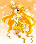  bad_id blonde_hair blush body_blush boots bow brooch bubble_skirt circlet cure_muse cure_muse_(yellow) dress frills gradient gradient_background hands_on_own_chest heart highres jewelry long_hair magical_girl massala orange_background precure red_eyes shirabe_ako smile solo sparkle standing_on_one_leg suite_precure yellow yellow_dress 