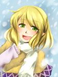  blonde_hair green_eyes mizuhashi_parsee open_mouth pakuchii pointy_ears scarf smile snow solo touhou 