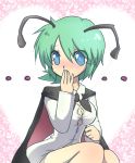  1girl adult antennae blue_eyes blush bottomless breasts bursting_breasts bust cape capelet covering_mouth dress_shirt green_hair hand_to_mouth no_pants shirt short_hair sitting solo suzumusi teenage touhou wriggle_nightbug 