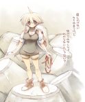  backpack bag barrel blonde_hair blush breasts brown_eyes cleavage elf fishhook fishing lure original randoseru rope sakaki_(artist) sakaki_(noi-gren) short_hair solo tetrapod translated translation_request umihara_kawase 