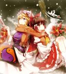  ascot blonde_hair blush bow broom brown_eyes brown_hair detached_sleeves dress fan flower frills hair_bow hair_tubes hakurei_reimu hat long_hair miko multiple_girls mushroom perfect_cherry_blossom poinsettia purple_eyes red_dress ria ribbon scarf shared_scarf skirt smile snowing snowman tabard touhou violet_eyes white_dress witch_hat yakumo_yukari 