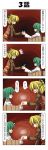  4koma blonde_hair bow brown_dress bucket comic dress girl_in_bucket green_hair hair_bobbles hair_bow hair_ornament highres in_bucket in_container japanese_clothes kimono kisume kurodani_yamame multiple_girls o_o open_mouth ponytail rapattu red_eyes shirt sparkle surprised touhou translated twintails yukata 