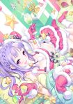  :d ahoge bare_shoulders between_fingers blue_hair blush braid breasts christmas cleavage fur_trim gloves kousaki_rui midriff navel open_mouth original ornament party_popper pink_eyes pom_pom_(clothes) pom_pom_(clothing) purple_hair reclining santa_costume skirt smile solo star 