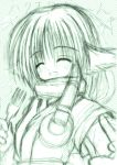  blush closed_eyes dog_ears eruruw eyes_closed fork green holding holding_fork monochrome shitsuki_nagi smile utawareru_mono 